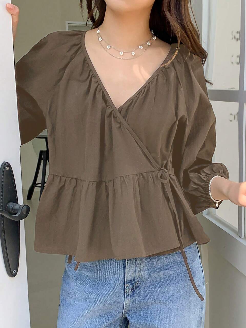Spring/Summer Casual Solid Color Wrap Belt Long Sleeve Shirt,Ruffle