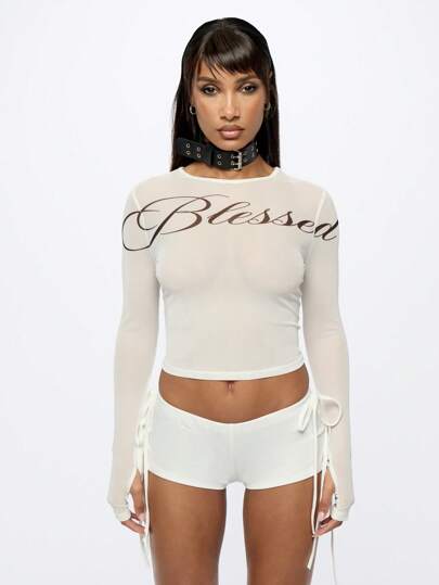 SUMWON WOMEN Top Cropped de Manga Longa em Tela com Estampa de Script, Moda Y2K, Camisa Casual com Detalhes de Laço para Festa, Clube, Inverno, Outono