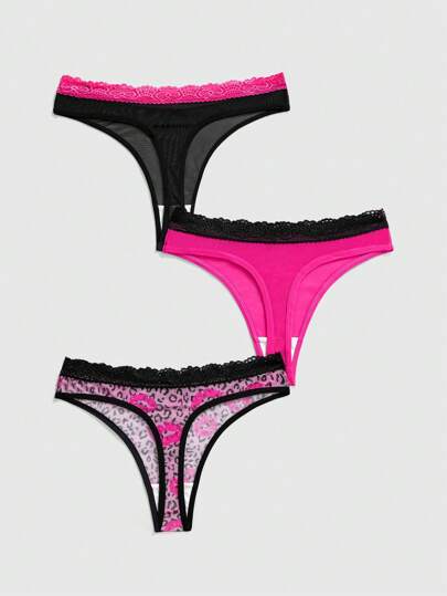 J-Fashion 3pcs/Pack Y2K Harajuku Style Leopard Lip Print Mesh & Lace Patchwork Women Thong Panties