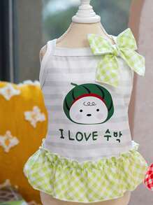 PETSIN Falda de cuadros ligera y transpirable con decoración de texto coreano "Cute Love", cachorro, sandía y lazo, ideal para perros en primavera/verano