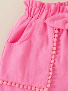 SHEIN Girls' Casual Polka Dot Print Floral Trim Ruffle Hem Elastic Waist Shorts With Pockets, Lightweight Cotton Blend Fabric, Adorable Design Lace - Pink - View 6