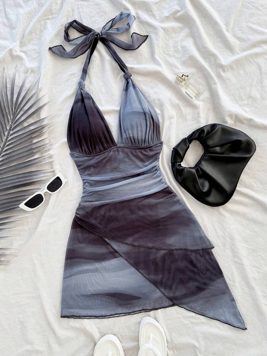 Soleia 性感复古渐变色露背 V 领网眼褶皱不对称下摆浪漫迷你假日连衣裙，女士夏季春季海滩装 - 灰色 - 查看 1