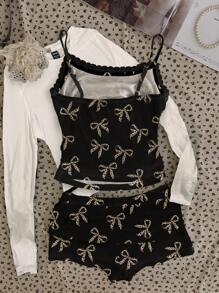 SHEIN EZwear Set 2 Potong Kamisol Renda & Celana Pendek untuk Wanita - Motif Pita Leopard Beige di Latar Belakang Hitam - MultiWarna - View 3
