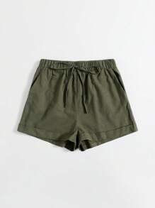 SHEIN VCAY Knot Waist Cuffed Hem Solid Shorts - Army Green - View 5