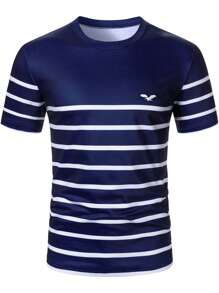 Manfinity Mode 男士时尚条纹圆领短袖小鸟徽标 T 恤