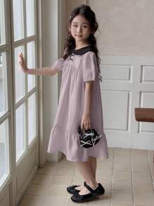 Dazy Kids Tween Girl Color Block Doll Face Bow Decor Woven Short Sleeve Dress, Summer,Back To School Clothes - Purple - View 3