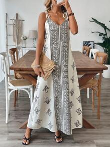 SHEIN Clasi Women's Elegant Casual Vacation Retro Print Loose V-Neck A-Line Dress