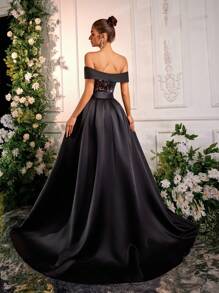 Glamrae 优雅奢华露肩亮片花卉拼接缎面长裙，婚礼宾客礼服，适合婚礼、单身派对、度假、舞会、正式场合、派对礼服、晚礼服、长袍 - 黑色 - 查看 4