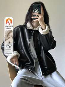 DAZY 女式 PU 皮革和仿羊毛拼布夹克，秋季女装