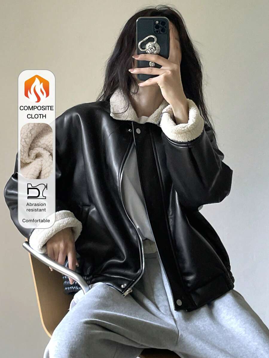 DAZY 女式 PU 皮革和仿羊毛拼布夹克，秋季女装