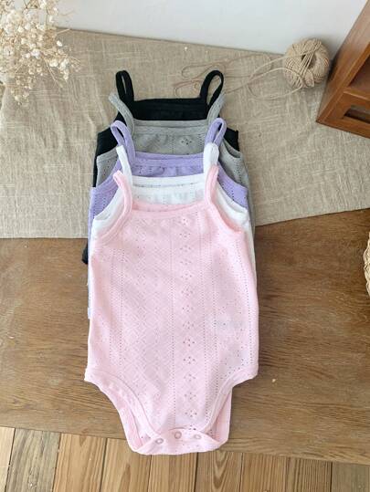 SHEIN LMoss Kids 5pcs/Set Newborn Baby Girl Cute Solid Color Knitted Sleeveless Bodysuit Set, Summer