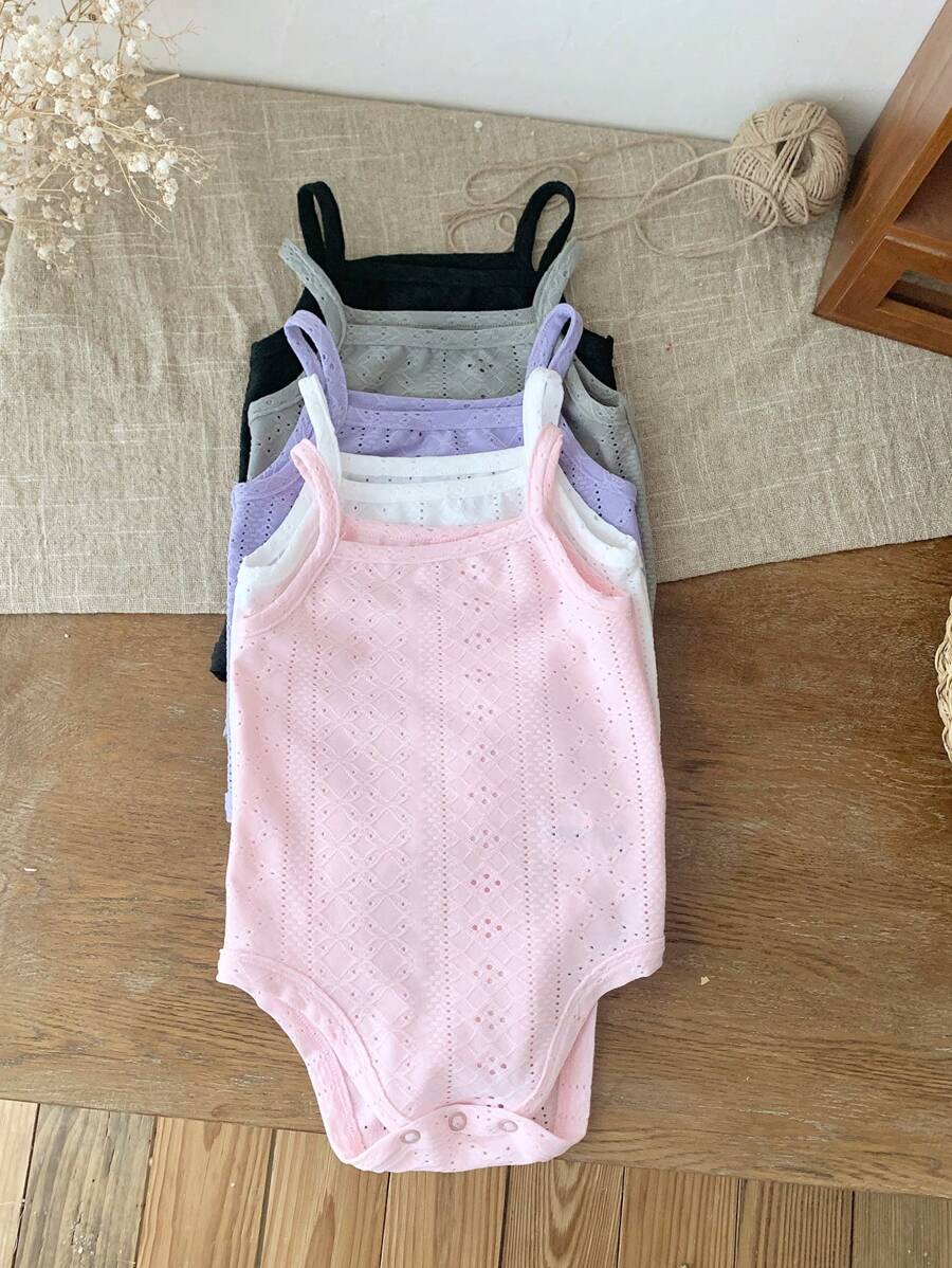 SHEIN LMoss Kids 5件套新生女宝宝可爱纯色针织无袖连体衣套装，夏季 - 彩色 - 查看 1