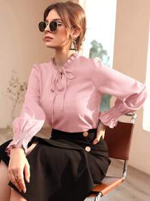 Mulvari 勃艮第红女士休闲纯色荷叶边袖衬衫，春秋 - 粉色 - 查看 4