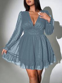 Viva Relle Plus Size Women Deep V-Neck Long Sleeve Ruffle Hem Sexy Dress - Dusty Blue - View 6