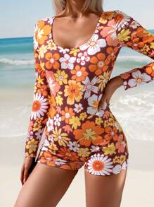 SHEIN Swim SPRTY 1pc Women's Refreshing Floral Print One-Piece Surfing Suit