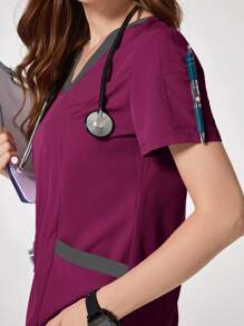 TaskEZ Conjunto de uniforme de enfermería con blusa de cuello en V de manga corta y pantalones en bloques de color para mujer