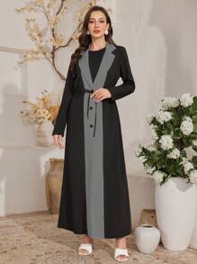 Al Najma Women's Color Block Lapel Cinched Waist Open Abaya Robe - Black - View 1
