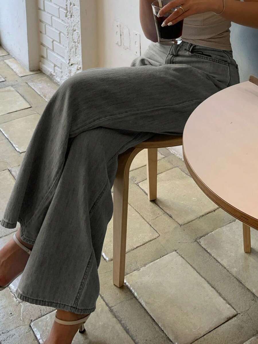 DAZY Solid Color Women's Loose Wide Leg Long Jeans - Grey - View 1