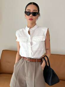 DAZY Camisa sin mangas con bolsillo con solapa y botones delanteros, top sin mangas - Blanco - Ver 7