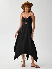 SHEIN LUNE 夏季黑色细肩带连衣裙，休闲乡村音乐节宽松不对称风格 - 黑色 - 查看 5