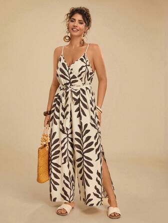 Travachic Vintage Große Größen Lässig Urlaubs Sommer Strand Ferien locker sitzender Blattdruck bequemer Träger Jumpsuit für Damen
