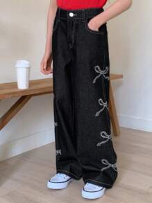 DAZY 秋冬款Tween女童蝴蝶结印花直筒简约时尚牛仔裤 - 黑色 - 查看 5