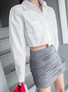 DAZY Camisa corta con botones y bolsillos dobles, blusas de manga larga, ropa de mujer de otoño