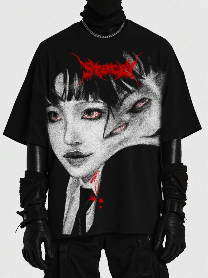 Our Men's Anime Y2K Street Dark Themed Graphic Print Short Sleeve