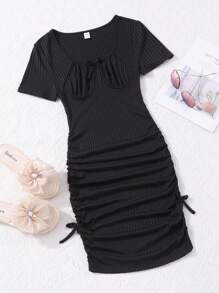 Basic Solid Black Pleated Snug Fit Casual Dress, For Teenagers, Spring/Summer - Black - View 1