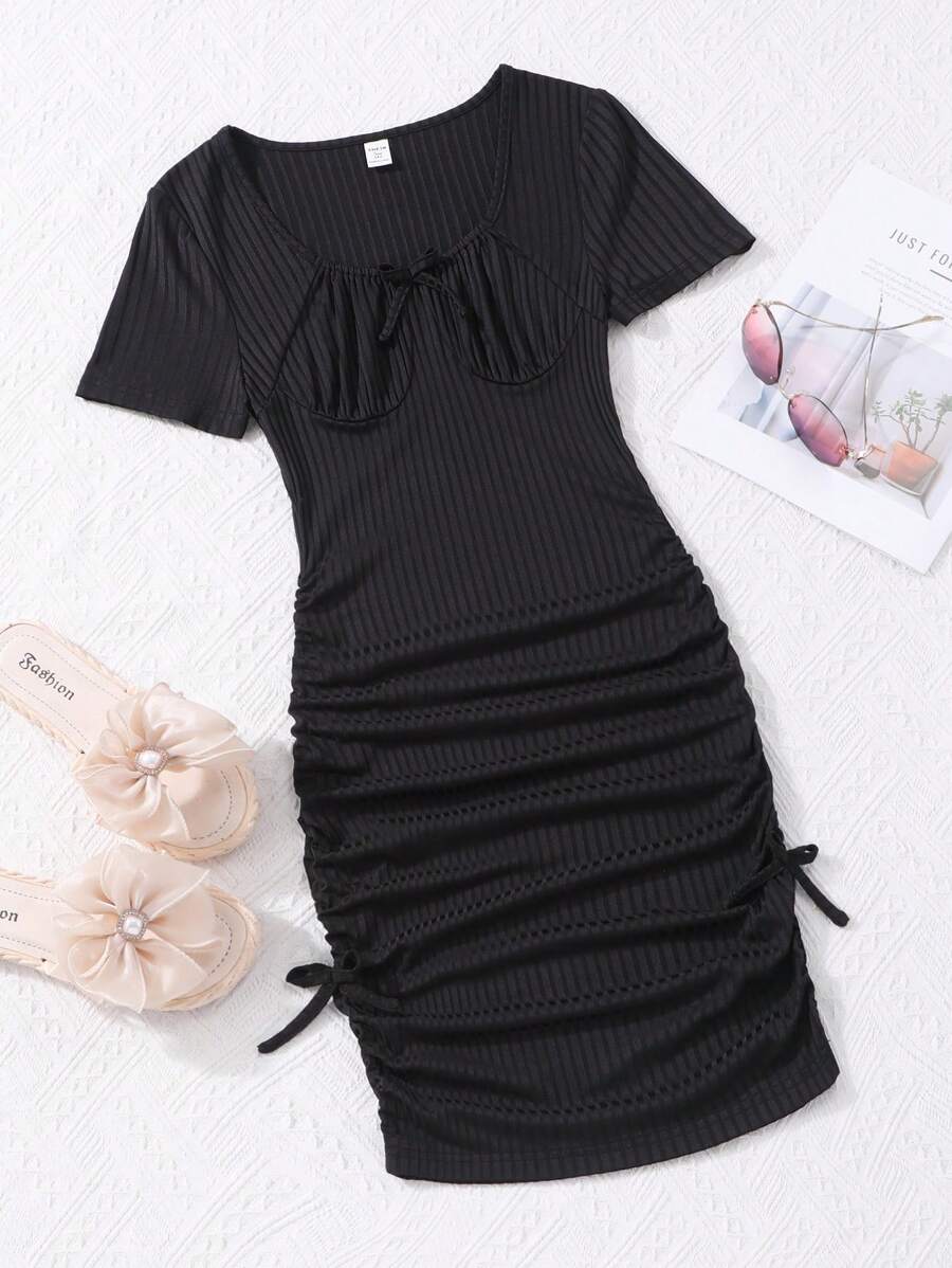 Basic Solid Black Pleated Snug Fit Casual Dress, For Teenagers, Spring/Summer - Black - View 1