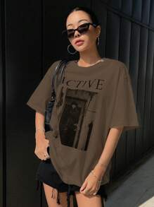 DAZY Women's Loose Fit Short Sleeve T-Shirt With Letter Print Round Neckline ACTIVE Summer,Graphic Tees - Coffee Brown - View 5