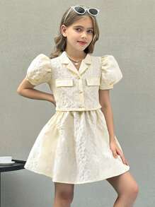 SHEIN Tween Girl Elegant Casual Puff Sleeve Texture Jacquard Fabric Shirt & Skirt Set, Spring/Summer, Back-To-School Season - White - View 1
