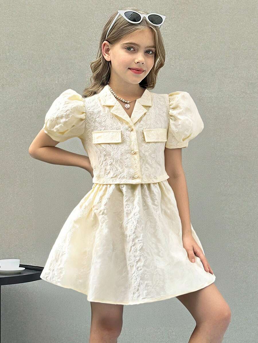 SHEIN Tween Girl Elegant Casual Puff Sleeve Texture Jacquard Fabric Shirt & Skirt Set, Spring/Summer, Back-To-School Season - White - View 1