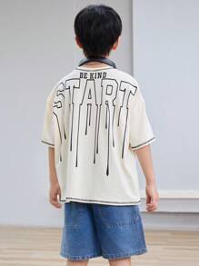 SHEIN Tween Boy Casual Cool Kids Letter Printed Round Neck Oversized Knit T-Shirt With Patch - Apricot - View 3
