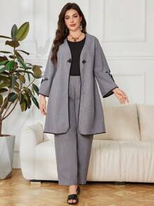Lacomfia Plus Size 2Pcs/Set Solid Color Jacket And Trousers, Casual And Fashionable For Daily Wear - Grey - View 3