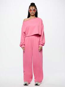 SUMWON WOMEN Off Shoulder Cropped Sweatshirt Oversized Loungewear Athleisure Casual Long Sleeve Top Fall Winter Fashion Streetwear Cozy Sporty Athletic Workout Apparel - Pink - View 3