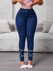 SHEIN Essnce Quần Jeans Denim Ôm Vừa Cạp Cao Cho Nữ - Rửa tối - Xem 3