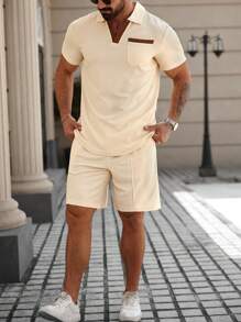 Manfinity CasualCool Men's Summer Contrast Color Block Polo Shirt And Shorts Set, Men's 2 Pieces Outfit, Suitable For Daily Wear, Ideal Gift For Husband