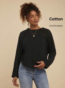 Travachic Loose Solid Color Knit Black Long Raglan Sleeve Crew Neck T-Shirt Top , Casual Vacation - Black - View 6