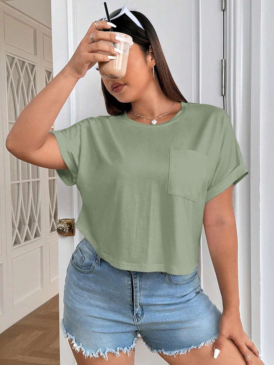 SHEIN EZwear Plus Size Casual Versatile Solid Color Short Sleeve T-Shirt - Green - View 1