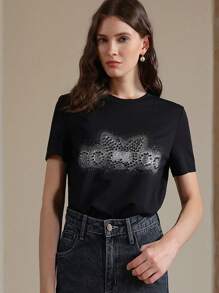 Anewsta Women's Elegant Fitted Butterfly Rhinestone Letter Print Black T-Shirt Top, Casual Festival, Vacation, Spring, Summer - Black - View 5