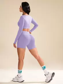 SHEIN Sport Studio 2 pezzi Tuta sportiva da donna con giacca a maniche lunghe e pantaloncini, colore tinta unita