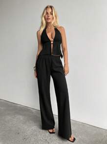 Aloruh 女士性感优雅深 V 露背纹理面料度假两件套，黑色 - 黑色 - 查看 6