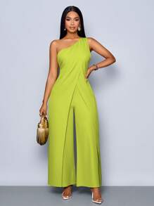 SOLERSUN 女士春夏时尚日常单肩无袖开衩阔腿连体裤 - 綠色 - 查看 6