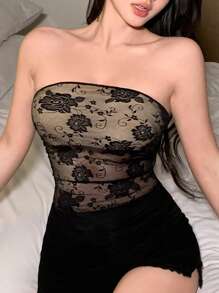 DAZY 女士纯色蕾丝半透明无袖吊带背心 - 黑色 - 查看 6