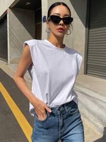 DAZY Solid Shoulder Pad Tee - White - View 9