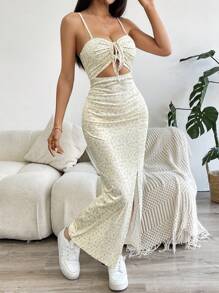 SHEIN EZwear 花卉印花吊带背心镂空大腿开衩连衣裙 - 黃色 - 查看 3