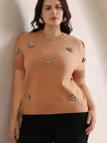 Anewsta Plus Size Fashionable & Elegant Bejeweled Bee Decorated Women Sweater Tee Top, Spring/Summer - Khaki - View 6