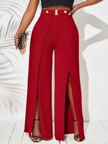 SHEIN Tall CURVE Quần dài xẻ tà đơn giản màu trơn cỡ lớn cho nữ, quần dài xẻ tà thường ngày cuối thu cho nữ, quần dài ống rộng cạp cao xẻ tà màu đen vừa vặn cho nữ, trang phục thường ngày thường ngày - Đỏ - Xem 3