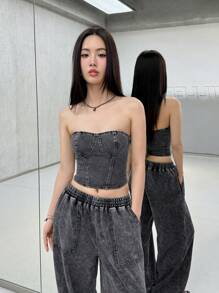 SHEIN EZwear K-Vae 女式性感弹力修身短款黑色牛仔抹胸，女式夏季，女式束身衣上衣，短款上衣，女式外出上衣，女式牛仔女郎，女式演唱会，春假，趣味上衣，狂欢，辣妹，韩式休闲，高街，韩国女子组合风格 - 深灰色 - 查看 2